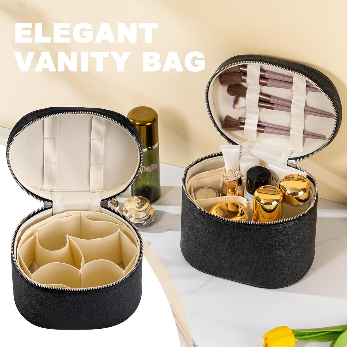 Makeup Bag Vanity Case Cosmetic Bag with Removable Divider Travel Toiletry Bag for Women Portable Make up Box Organizer, Black