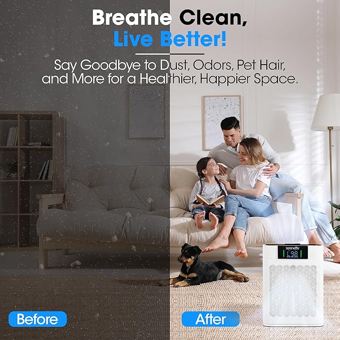 SereneLife HEPA Air Purifier for Home – Smart WiFi & App Control, Ultra-Quiet Air Purifier for Bedrooms & Large Rooms, Removes Dust, Pet Hair & Odors, Ideal for Pets & Allergies (1,076 Sq Ft, White)