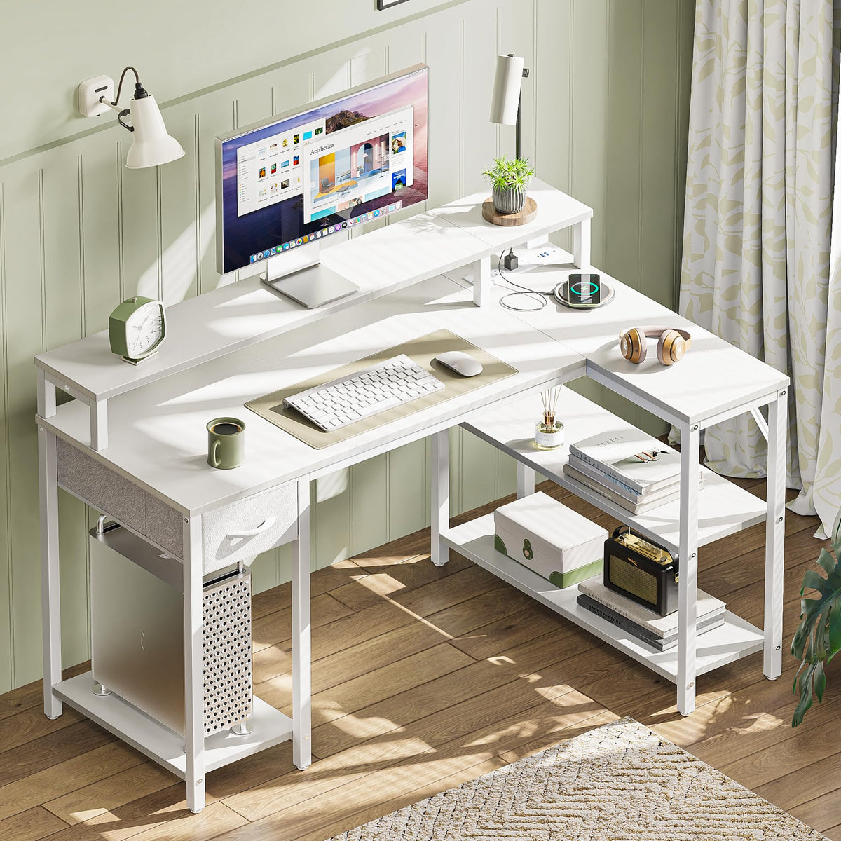 SUPERJARE 47 inch Reversible L Shaped Desk with LED Lights & Power Outlets, Computer Desk with Shelves & Monitor Stand, Gaming Desk with Drawer, Home Office Desk Corner Desk, PU White Drawer
