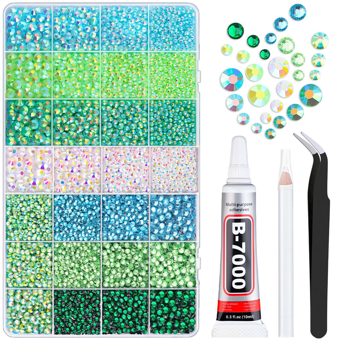 20000Pcs Green Rhinestones for Bedazzling with 1Pcs B7000 Jewelry Glue, Resin Rhinestones for Crafting Crafts DIY, Bedazzler Kit Gems for Clothing Shoes Tumblers Nail Art Assorted Size 3/4/5/6mm
