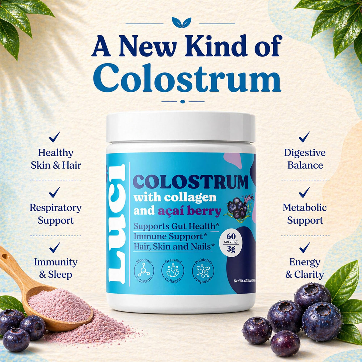 Luci Colostrum Powder 60 Servings 3 in 1 with Collagen Peptides and Acai, Bovine Colostrum for Gut Health, Bloating, Collagen Protein for Muscle, Skin, Hair, Nails and Immunity, Gluten & Fat Free 180g