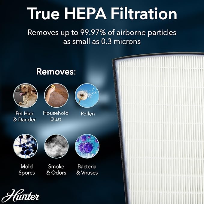 Hunter HP800 Air Purifiers for Home Large Room and Bedroom. True HEPA Air Purifier for Pets, Odors, Allergens, Smoke, Dust, VOC's. 4 Fan Speeds, Quiet Sleep Mode. Cleans 2585 Ft² per Hour. Black