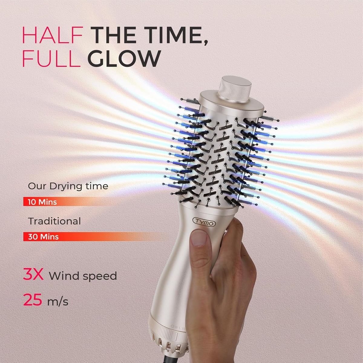 TYMO 2.0 Hair Blow Dryer Brush - Blowout Hot Air Brush, One Step Volumizer, Upgraded 2 Inch Barrel Roller Curling Styler, 3X Faster Drying, 0.6 lb Lightweight, Straightener Curling in One, Gold