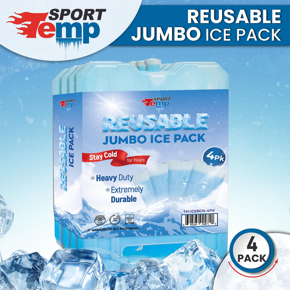 Sport Temp Reusable X-Large Ice Pack (4Pack) Long Lasting - Perfect for Keeping Food Or Beverages Cold, Coolers, Camping, Beach Coolers, Hiking & More, Clear Blue
