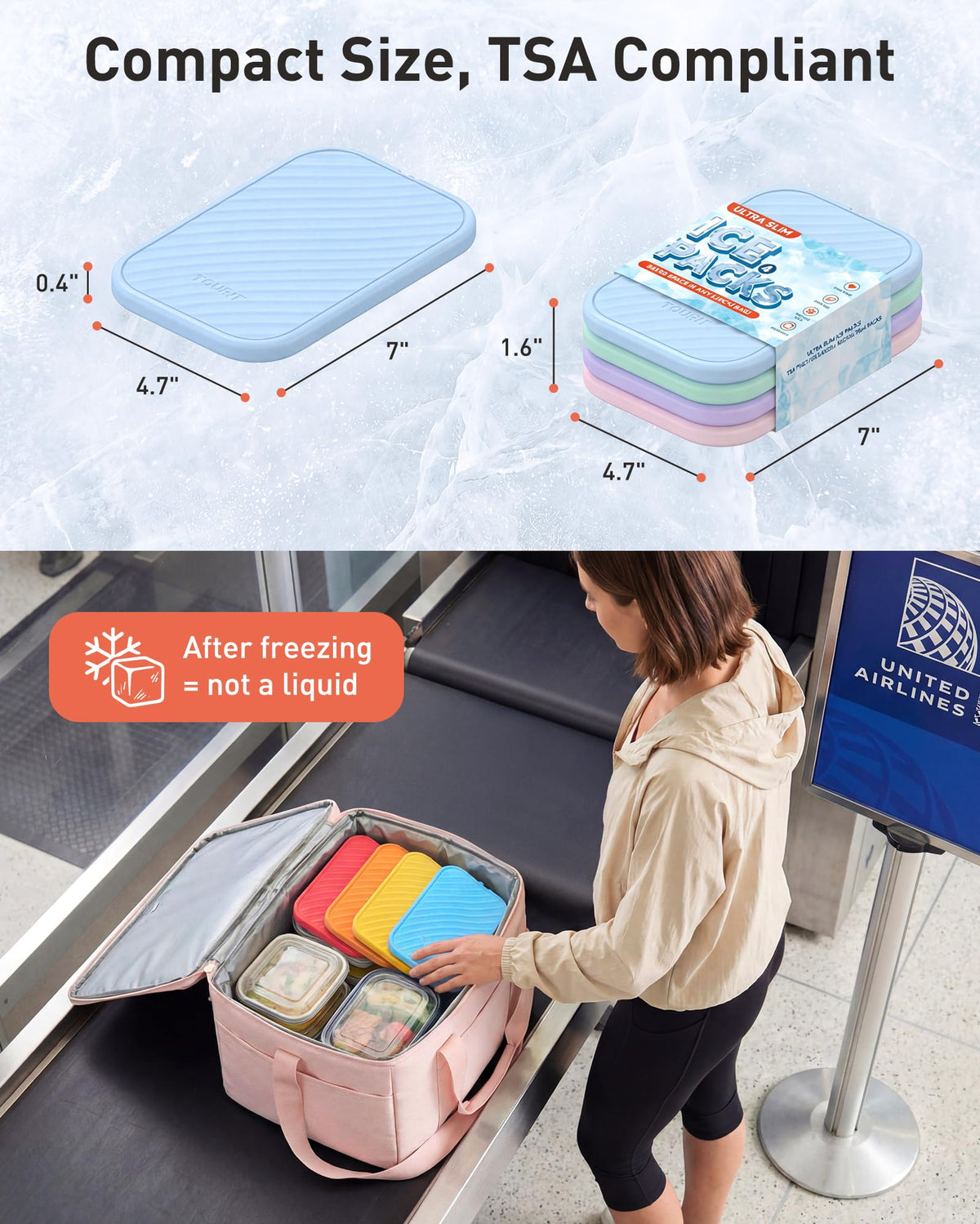 TOURIT Slim Ice Packs for Lunch Boxes and Coolers, 4 Pack Reusable Lunch Box Ice Packs, Long Lasting BPA-Free Non-Toxic Freezer Packs for Lunch Bags, Travel, Picnic or Camping, Baby Blue