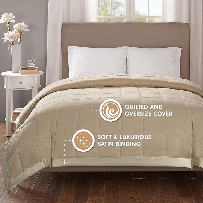 Madison Park Cambria Down Alternative Blanket, Premium 3M Scotchgard Moisture Wicking Treatment, Lightweight and Soft Bed Cover For Summer with Satin Trim, Oversized Full/Queen Taupe