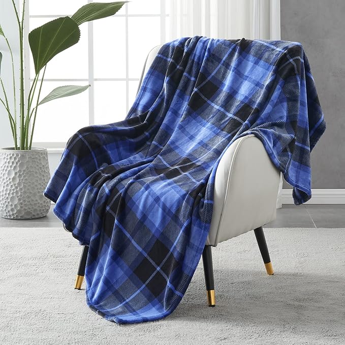 SOCHOW Flannel Fleece Throw Blanket 50 x 60 Inches, All Season Plaid Blue Blanket for Bed, Couch, Car
