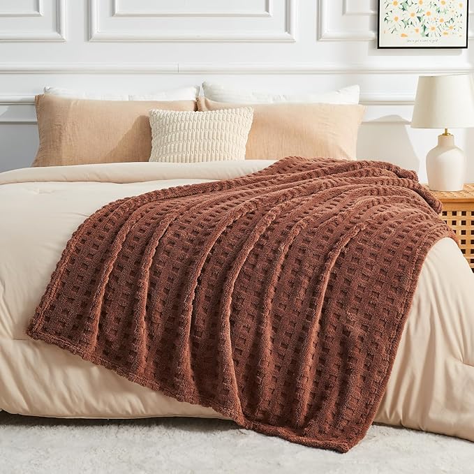 NEWCOSPLAY Super Soft Twin Blanket Coffee Premium Silky Flannel Fleece 3D Waffle Checkered Lightweight Bed Blanket All Season Use (Coffee, Twin(60"x80"))