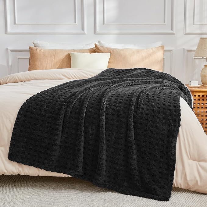NEWCOSPLAY Super Soft Throw Blanket Black Premium Silky Flannel Fleece 3D Waffle Checkered Lightweight Bed Blanket All Season Use (Black, Throw(50"x70"))