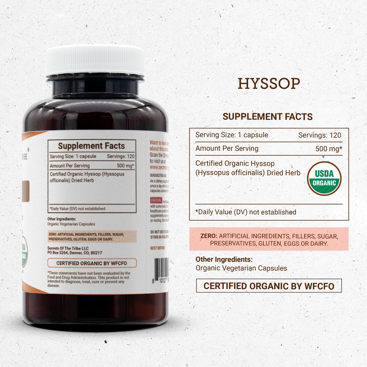 Secrets of the Tribe Hyssop USDA Organic Capsules | Certified Organic Vegetarian Capsules, Herbal Dietary Supplement | Hyssopus officinalis Dried Herb (120 Count)
