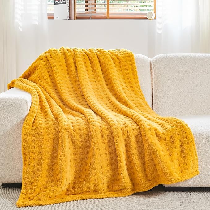 NEWCOSPLAY Super Soft Queen Blanket Yellow Premium Silky Flannel Fleece 3D Waffle Checkered Lightweight Bed Blanket All Season Use (Mustard Yellow, Queen(90"x90"))