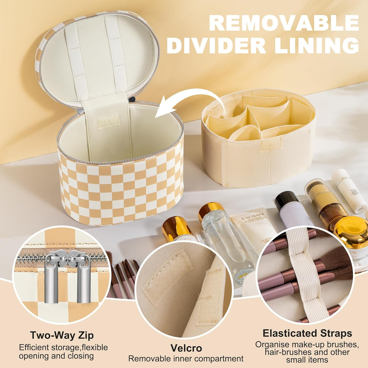 Makeup Bag Vanity Case Cosmetic Bag with Removable Divider Travel Toiletry Bag for Women Portable Make up Box Organizer, Beige and White