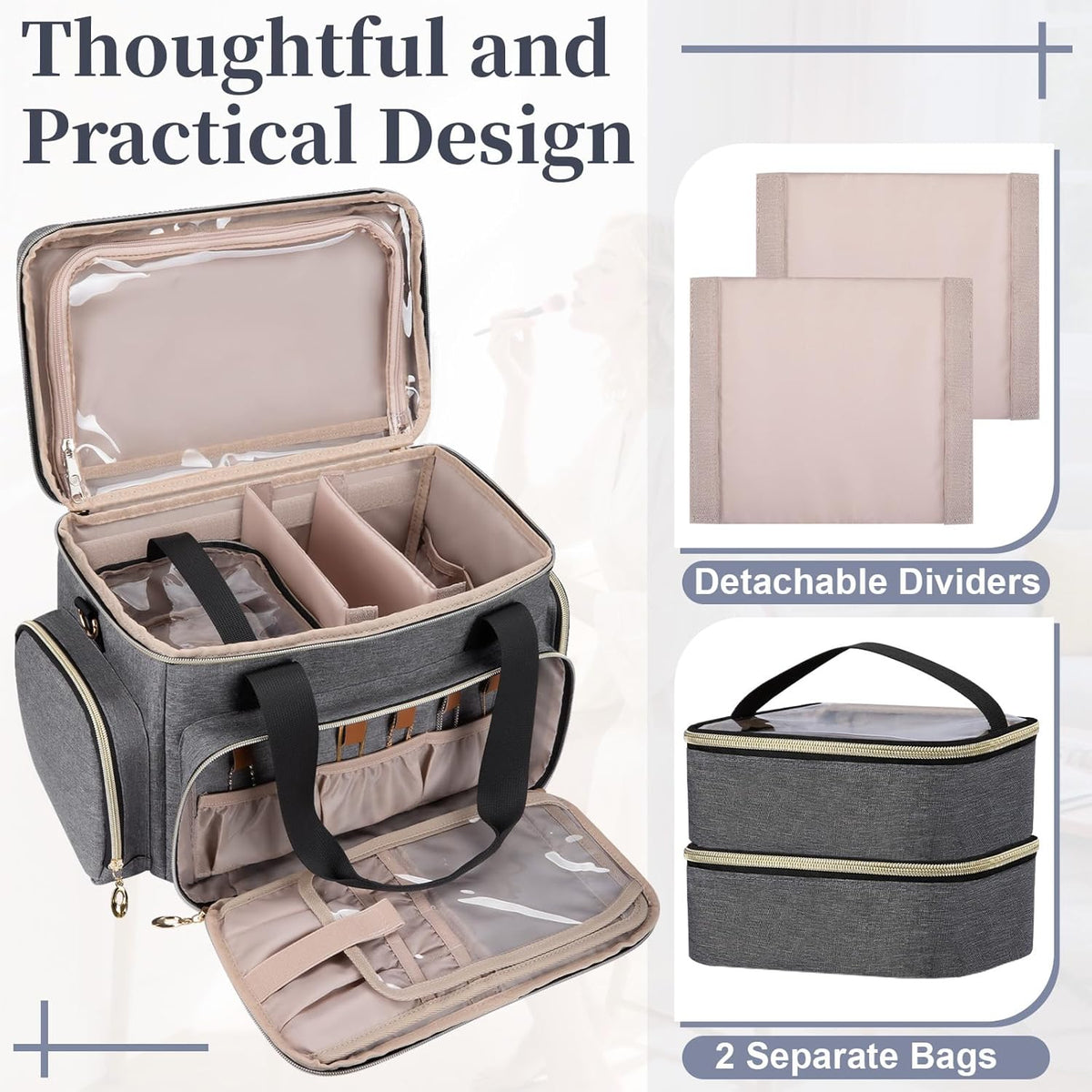 Large Makeup Bag, Portable Travel Makeup Bag Organizer for Women Girls with 2 Removable Pouches & Detachable Dividers, Cosmetic Travel Bag, Toiletry Bag for Makeup and Hair Supplies Grey