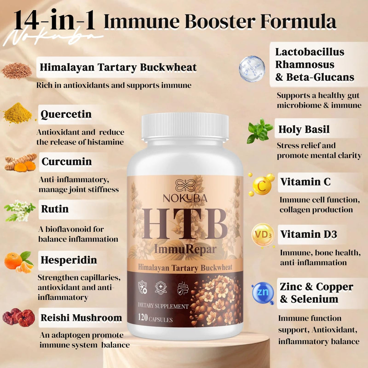Nokuba Himalayan Tartary Buckwheat Supplement with Quercetin, Zinc, Rutin, Vitamin C, D, Curcumin for Immune Support & Antioxidant & Gut Health - 240 Vegan Capsules