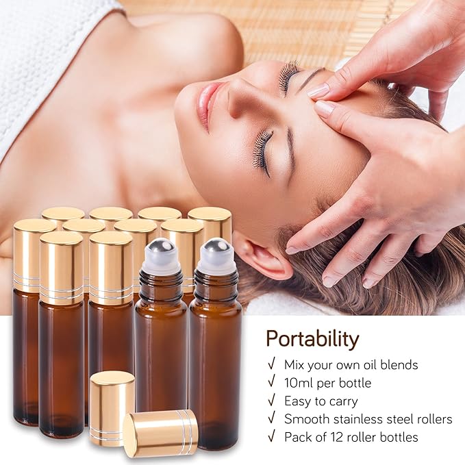 PrettyCare 12 Pack, 10 ml Essential Oil Roller Bottles with Stainless Steel Roller Ball - Refillable Leak-proof Empty Thick Amber Glass Roll on Bottles with Metal Caps for Travel, Perfume