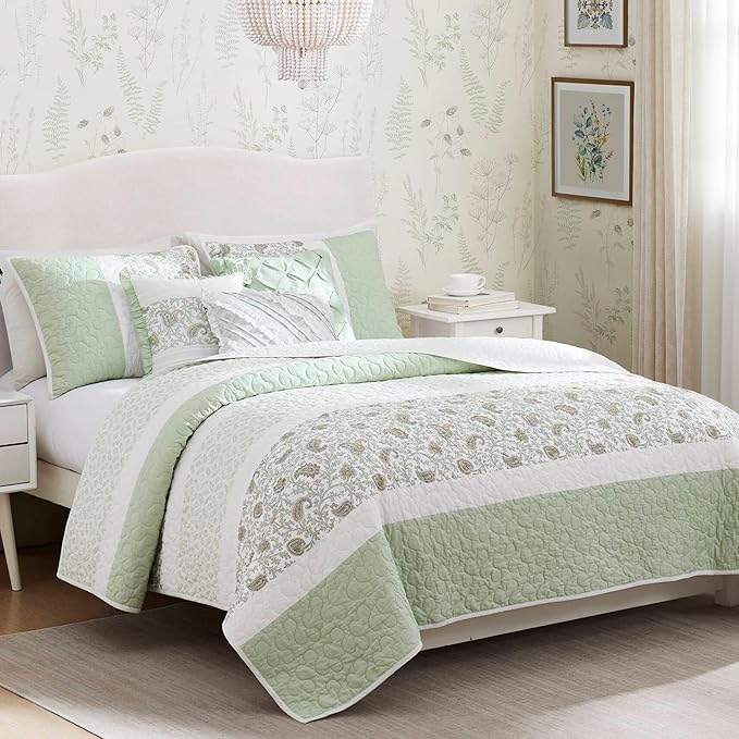 Madison Park Queen Quilt Set Cotton Coverlet Set with Cotton Filling for Queen Size Bed, All Season, Lightweight Queen Cotton Quilt Include Shams, & Décor Pillows, Dawn, Full/Queen Sage Green 6 Piece