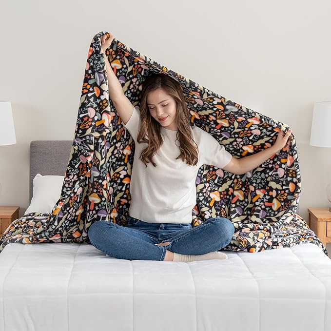 Berkshire Blanket-Classic Heavyweight Soft Printed VelvetLoft® Plush Warm Blanket, Twin Size Soft Fuzzy Blanket for Couch Sofa Bed, Mushroom Cutie Charcoal, 60in x 90in