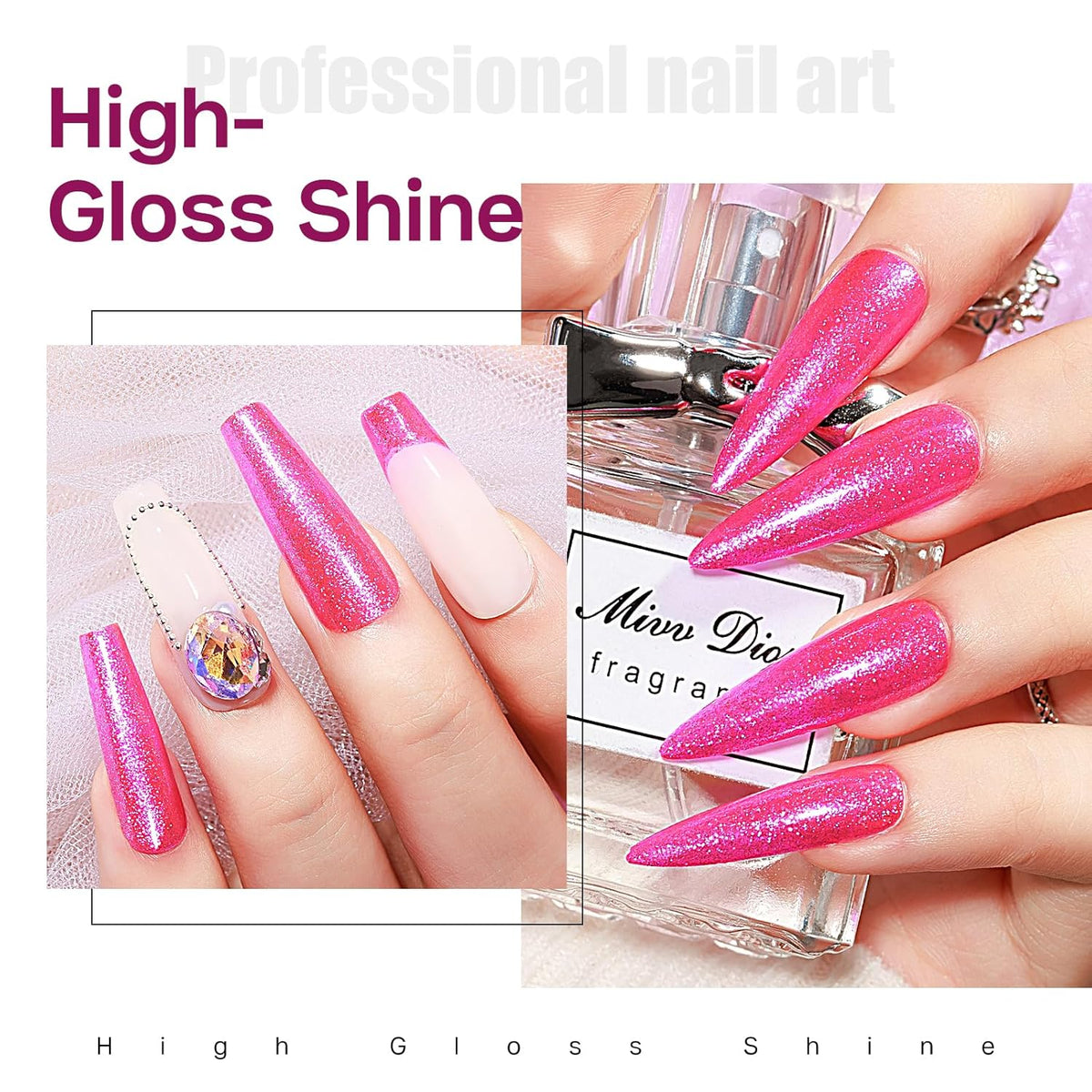 MIZHSE Quick Dry Glitter Rose Red Nail Polish, Shimmery Nail Polish Fast Drying, 15ml High Glossy Sparkly Shiny Nail Lacquer Nail Art Salon Manicure Home