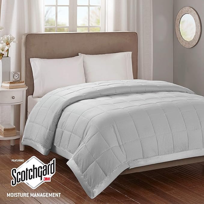 Madison Park Cambria Down Alternative Blanket, Premium 3M Scotchgard Moisture Wicking Treatment, Lightweight and Soft Bed Cover For Summer with Satin Trim, Oversized Full/Queen Gray
