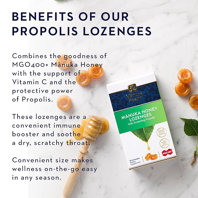 Manuka Health Manuka Honey Lozenges – 15 Propolis Lozenges – Natural Throat Lozenges Infused with Raw Manuka Honey, New Zealand Propolis and Vitamin C for Immune Support