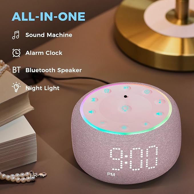 White Noise Machine Alarm Clock for Bedrooms - 5W Stereo Bluetooth Speaker - 24 Soothing Sounds - 9 Night Lights - Auto-Dimmable Digital Alarm Clock Sound Machine for Sleeping
