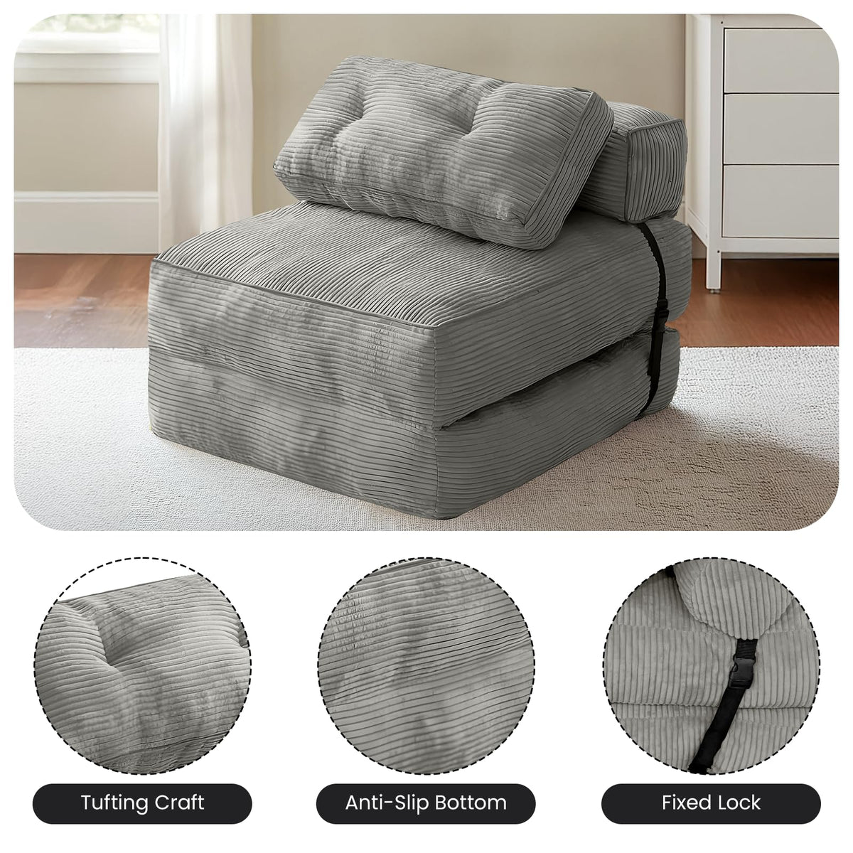 tantohom Folding Sofa Bed, Convertible Sleeper Chair with Pillow Foldable Mattress with Back Support,Space-Saving Sofa for Living Room,Bedroom (Gray)