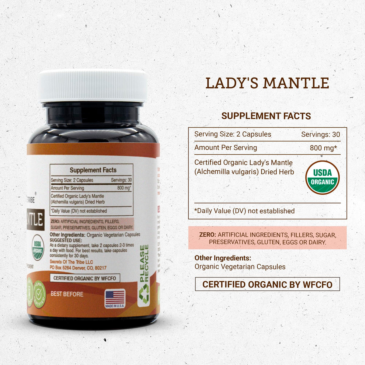 Secrets of the Tribe Lady's Mantle 60 Capsules, 800 mg, Lady's Mantle (Alchemilla vulgaris) Dried Herb (60 Capsules)