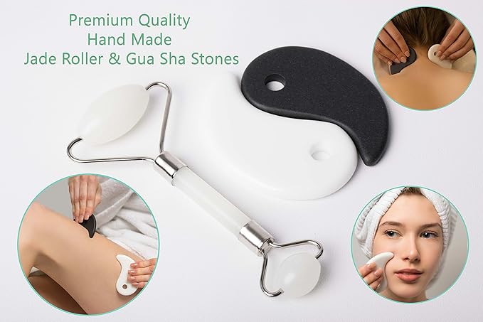 L'ADORE Premium Anti Aging Jade Roller 100% Natural Face Roller Set with Gua Sha Massage Tools