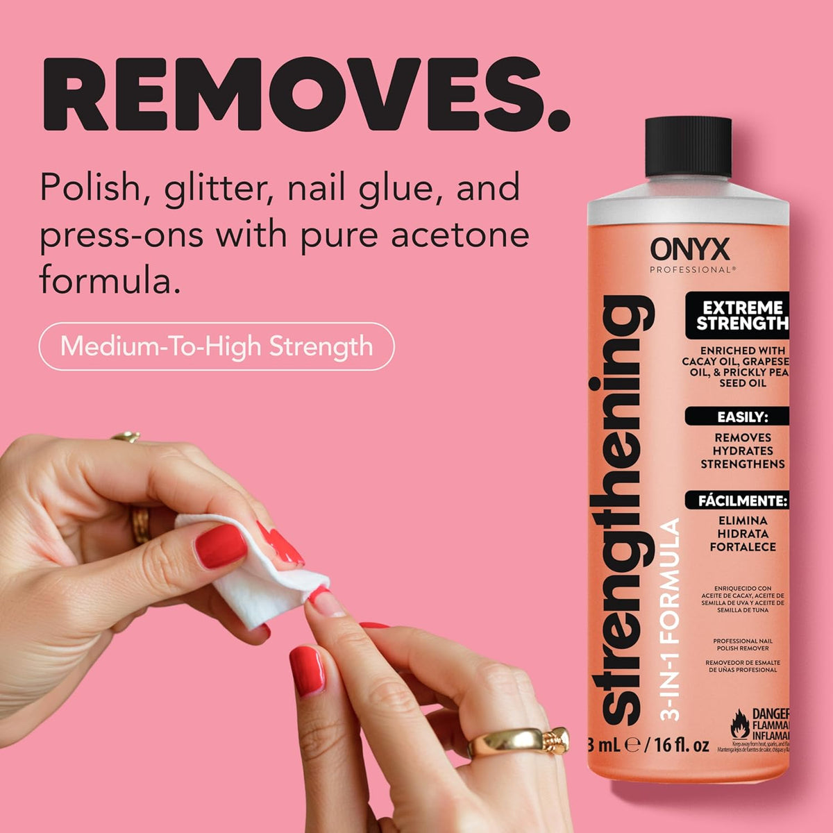 Onyx Professional 3-in-1 Strengthening Nail Polish Remover with 7 inch Nail File, 16 fl oz - Removes Nail Polish, Hydrates, Strengthens Nails | Infused with Grapeseed Oil, Cacay Oil, Cactus Seed Oil