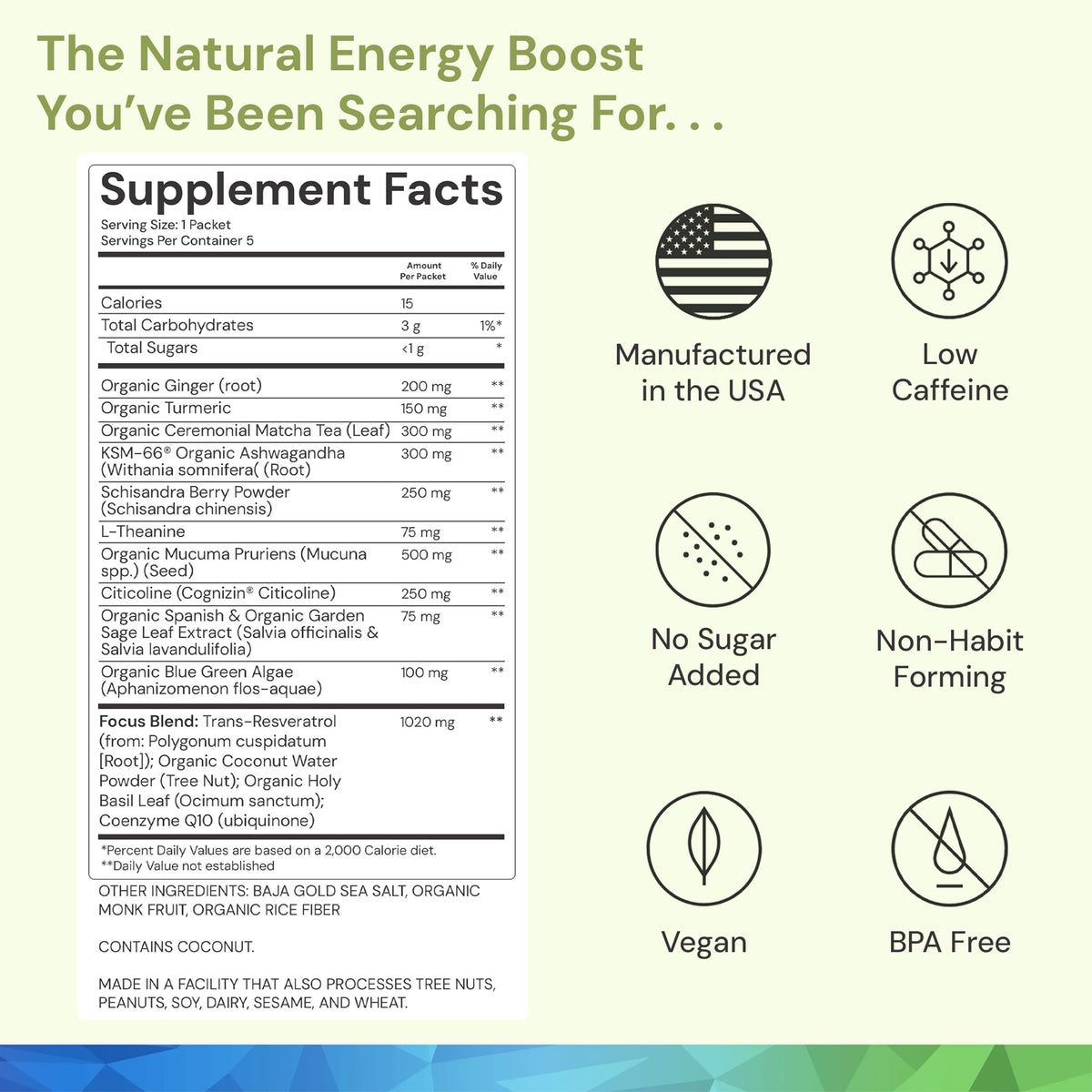 ION* Intelligence of Nature Focused Mind Nootropic Powder Drink Mix - Brain Boost Nootropic Drink with Matcha for Memory, Focus & Relaxation, Brain Supplement for Men & Women, Adults - 5 Packets