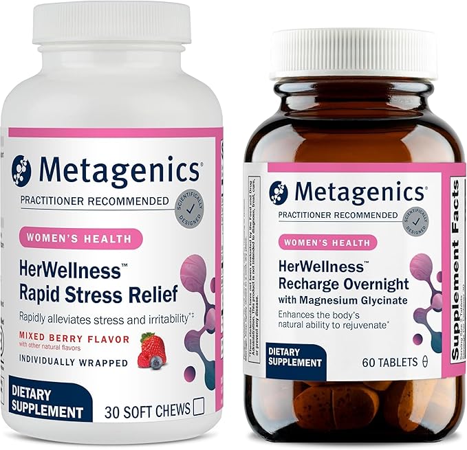 Metagenics HerWellness Rapid Stress Relief + HerWellness Recharge Overnight - Women's Stress Support Supplement with Saffron, L-Theanine & Vitamin B6 - Mixed Berry Flavor, 30 Soft Chews + Women's Slee