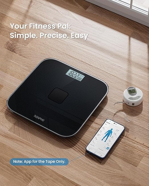 RENPHO Scale for Body Weight & Smart Tape Measure, Non-Bluetooth Solar-Powered Digital Bathroom Scale Charged by Sunlight/Indoor Lights, Body Measuring Tape for Weight Loss, 60in /150cm