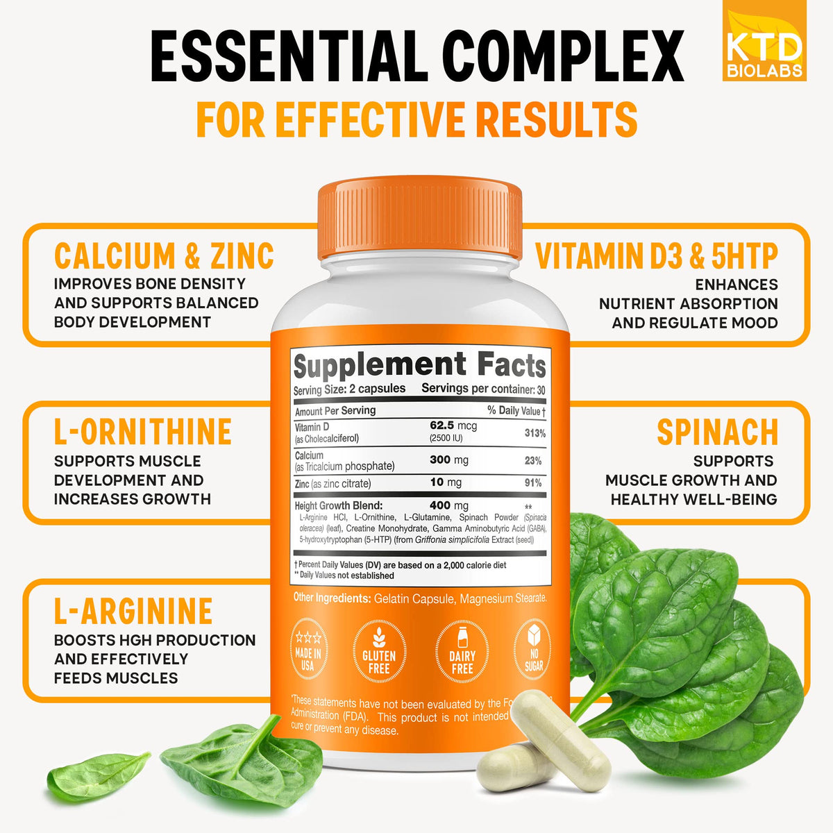 KTD BIOLABS Kids Height Growth Support Capsules 2 Pack – Daily Development Formula with Calcium, Vitamin D3 & Zinc – Bone & Nutrition Support for Kids & Teens – Amino Blend – 120 Capsules Total