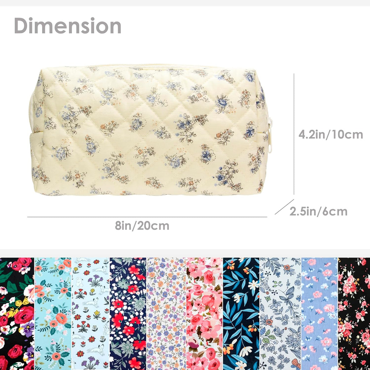 PAZIMIIK Vintage Quilted Makeup Bag Cosmetic Pouch for Brushes Pencils and Travel Make Up Accessories for Women and Girls Floral Blue