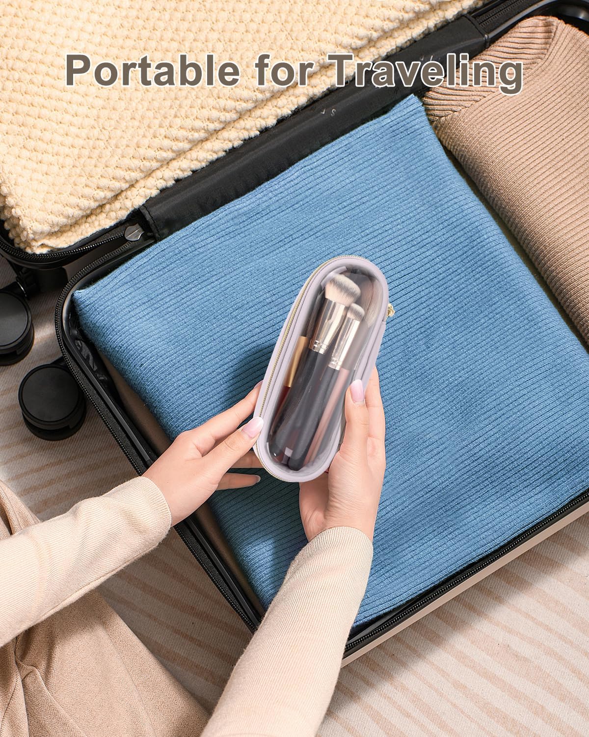 Clear Travel Makeup Brush Holder, Leather Makeup Brush Toiletry Bag, Portable Cosmetic Brush Case, Transparent Waterproof Makeup Brush Storage Bag, Purple