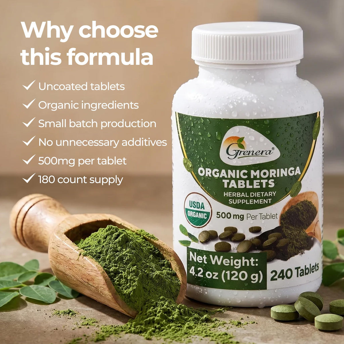 Grenera Organic Moringa Leaf Tablets 500 mg – 240 Count