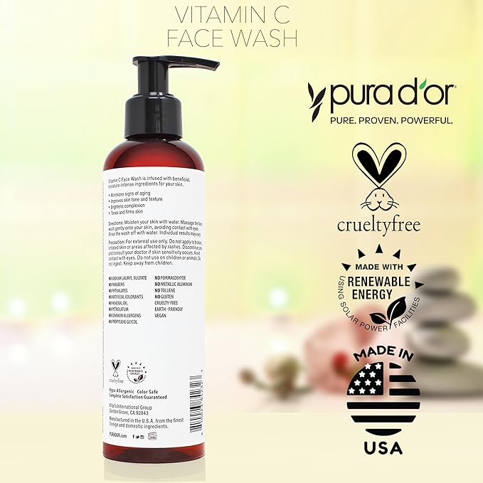 PURA D'OR 8 Oz Vitamin C Face Wash - Antioxidant Rich Facial Cleanser For Radiant Glow & Even Skin Tone - Gentle, Refreshing, Nurturing, Hydrating - Sulfate & Paraben Free - All Skin Types