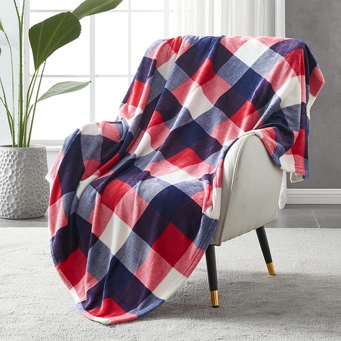 SOCHOW Buffalo Plaid Flannel Fleece Throw Blanket 50 x 60 Inches, Soft Lightweight Cozy All Season Red/Blue Checkered Blanket for Bed, Couch, Car