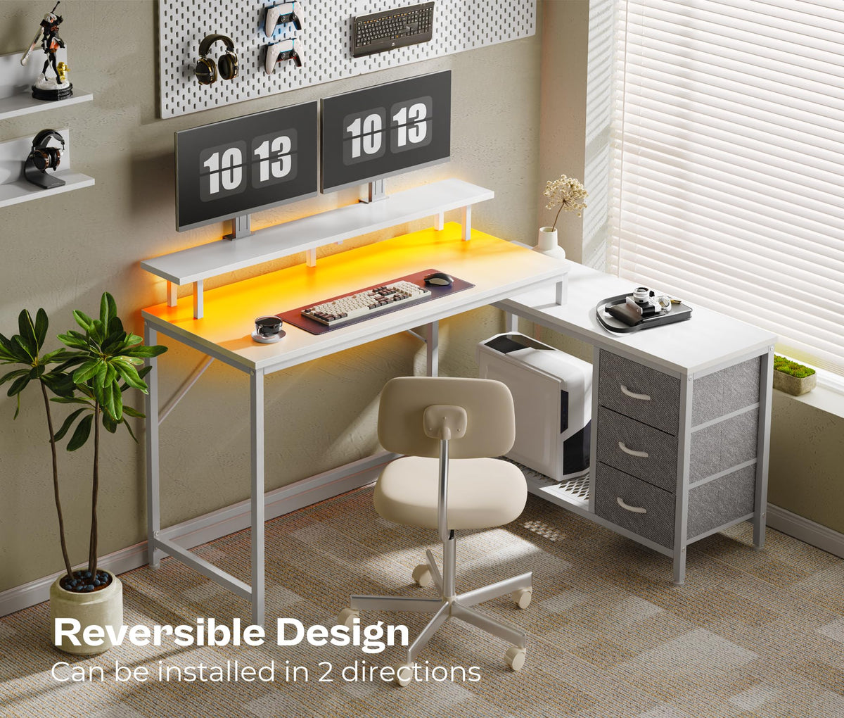 Huuger Reversible L Shaped Computer Desk with Drawers, Gaming Desk with LED Lights and Power Outlets, Office Desk with Storage Shelves, Corner Desk with Monitor Stand, for Home & Office, White