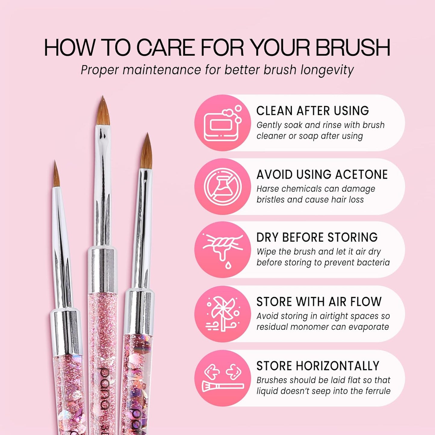 PANA 3D Kolinsky Nail Art Brush - Pink Glitter Handle, Size 2 - Acrylic Nail Art Sculpture Brush for Manicures Pedicure Salon Professional or Beginner