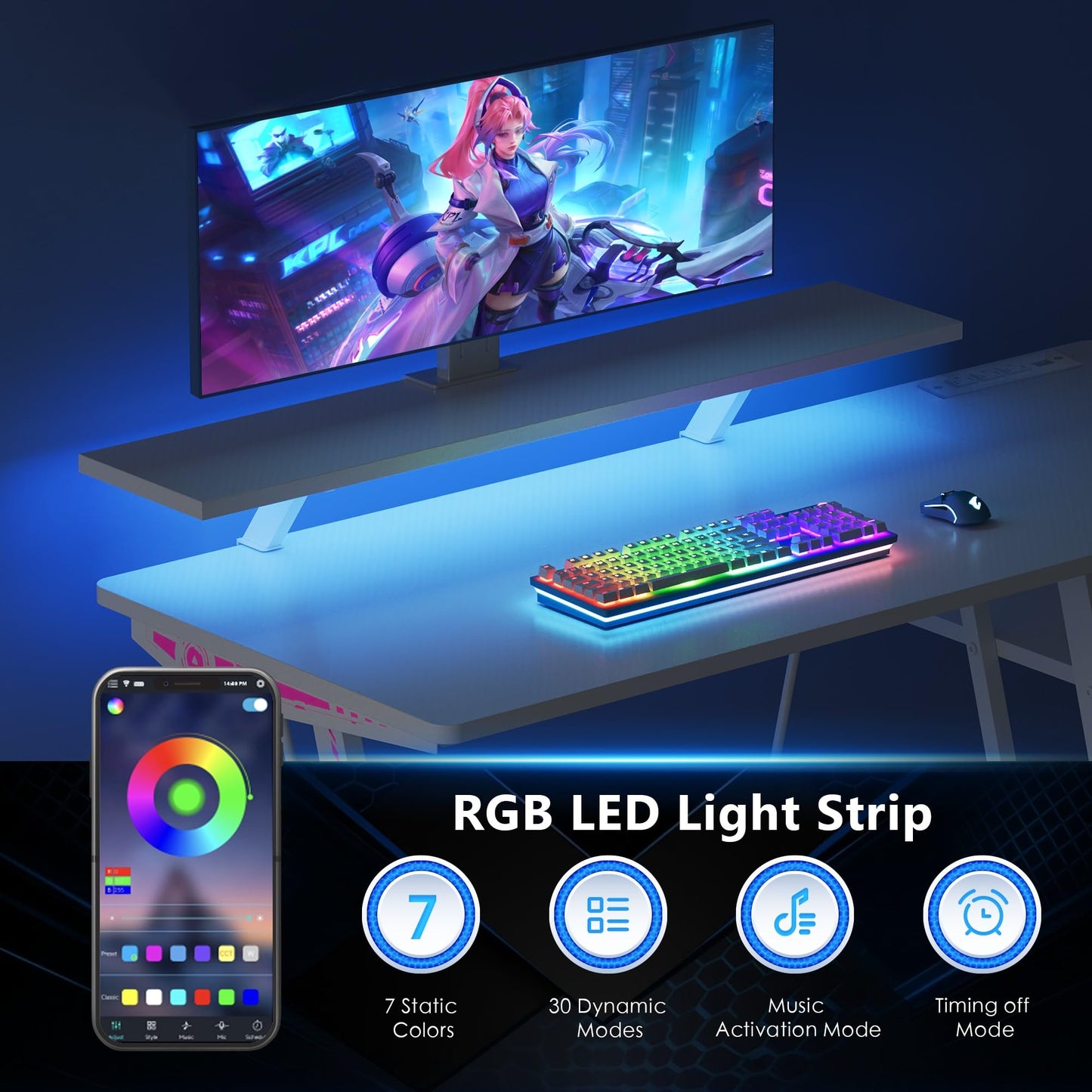 YeTom 47-inch Gaming Desk with LED Lights & Power Outlets|Carbon Fiber Gaming Table with Monitor Stand & Adjustable Storage Shelves|RGB Ergonomic Gamer Desk, Esports & Streaming, White