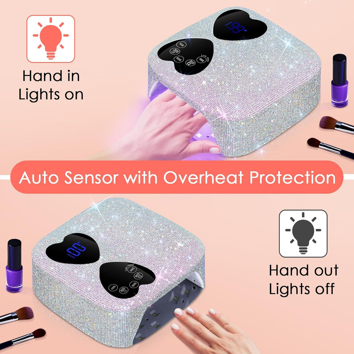 UV LED Nail Lamp Cordless, HUITINE 80W Rechargeable UV Light for Gel Nails, Professional Gel Light Dryer with 5 Timers & Mirror Base, Sparkling Rhinestones Diamond Curing Lamp for Salon & Home
