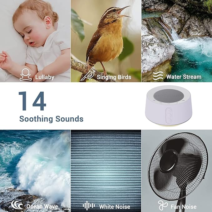 BGOVERSS White Noise Machine with 14 Soothing Sounds and 10 Levels Night Light for Sleeping, 5 Timers and Memory Feature - Plug in Sound Machine for Nursery, Baby, Kids, Adults - Light Purple