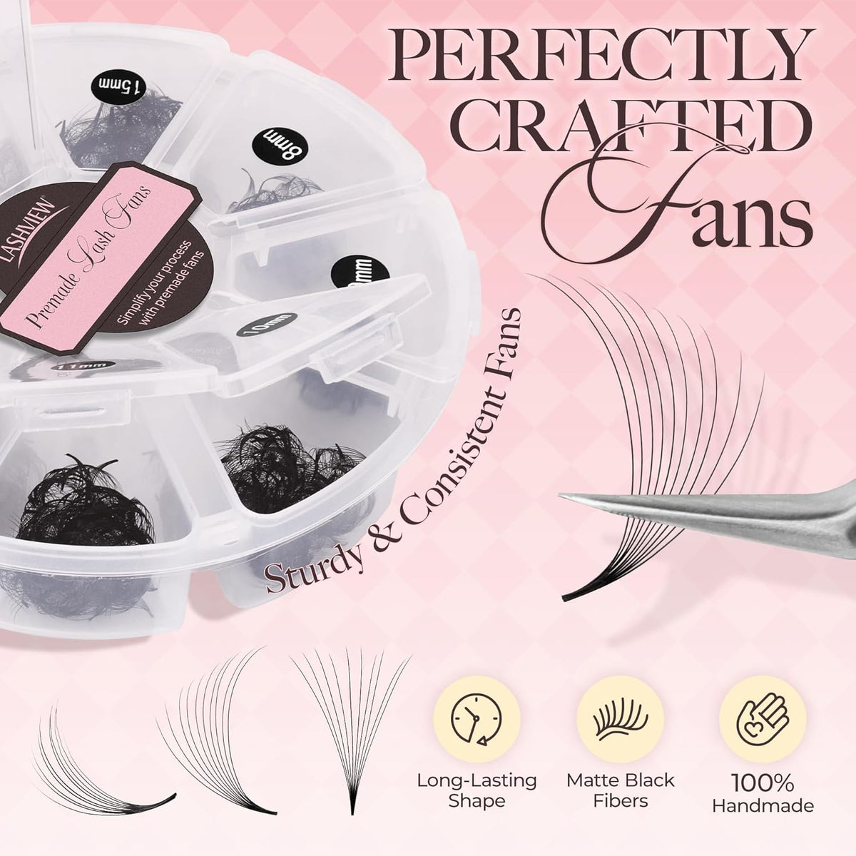 LASHVIEW 600 Fans 10D Premade Volume Eyelash Extensions Mixed Tray Premade Fans Eyelash Extensions C Curl Premade Lash Fans Pointed Handmade Promade Loose Fans Thin Base (10D-0.05C,8-15mm)