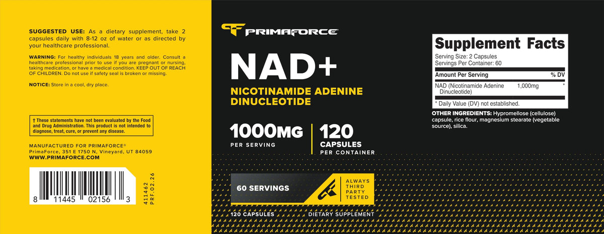 Primaforce NAD+ Nicotinamide Supplement (1000 mg) 120 Capsules - Nicotinamide Adenine Dinucleotide, 60 Servings