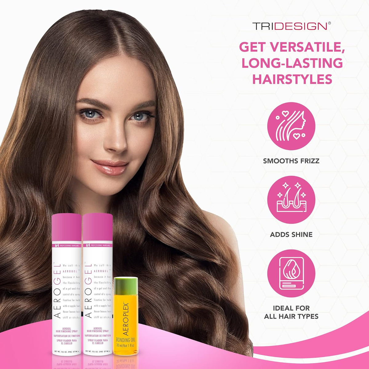 TRI Design Aerogel Hairspray & Aeroplex Bonding Oil Bundle - Hair Finishing Spray for Volumizing, Control, Repair & Prevent Breakage for Dry, Damaged & Frizzy Hair - Pack of 3 (10.5 Oz & 1 Oz)