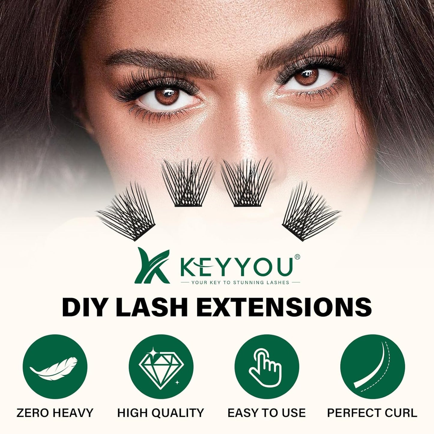 KEYYOU Lash Clusters 144pcs Individual D Curl 10mm Air Touch Cluster Lashes Super Lightweight Soft Wispy Comfortable Easy DIY at Home
