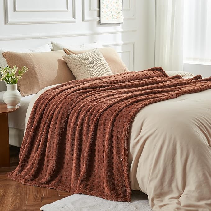 NEWCOSPLAY Super Soft Queen Blanket Coffee Premium Silky Flannel Fleece 3D Waffle Checkered Lightweight Bed Blanket All Season Use (Coffee, Queen(90"x90"))