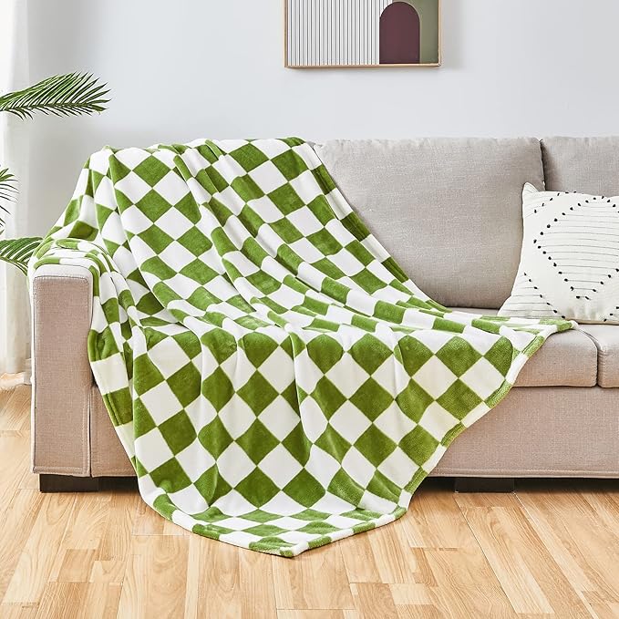 SOCHOW Checkered Flannel Throw Blanket, Soft Cozy Checkerboard Grid Pattern Fleece Blanket for Couch Bed Sofa, Sage Green 60 x 80 Inches