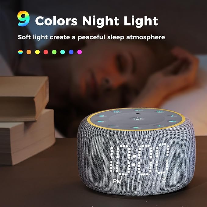 White Noise Machine Alarm Clock for Bedrooms - 5W Stereo Bluetooth Speaker - 24 Soothing Sounds - 9 Night Lights - Auto-Dimmable Digital Alarm Clock Sound Machine for Sleeping